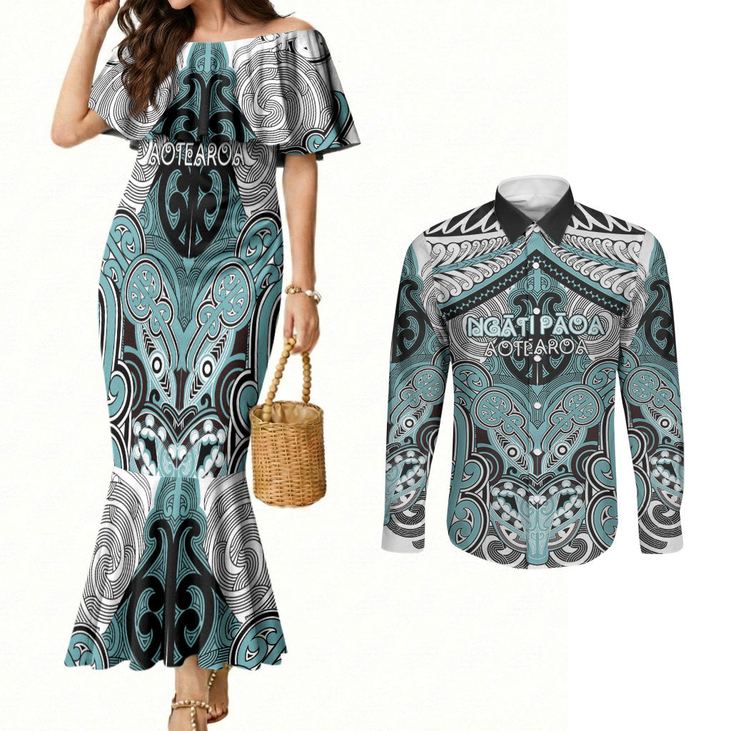 Aotearoa Iwi Ngati Paoa Personalised Couples Matching Mermaid Dress and Long Sleeve Button Shirt Maori Kowhaiwhai Pattern