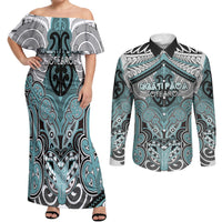 Aotearoa Iwi Ngati Paoa Personalised Couples Matching Off Shoulder Maxi Dress and Long Sleeve Button Shirt Maori Kowhaiwhai Pattern