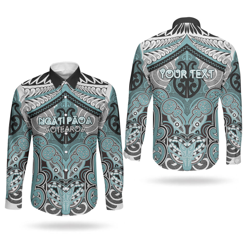 Aotearoa Iwi Ngati Paoa Personalised Couples Matching Off Shoulder Maxi Dress and Long Sleeve Button Shirt Maori Kowhaiwhai Pattern