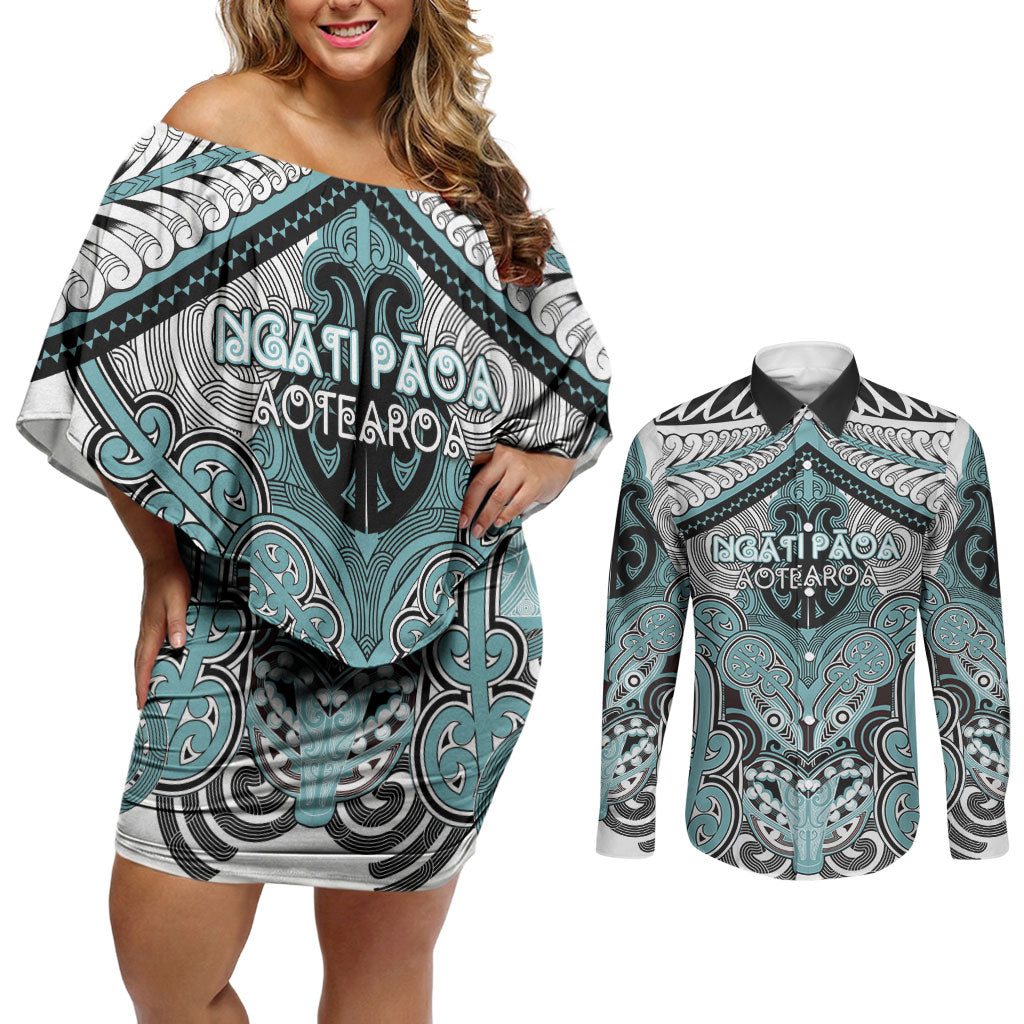 Aotearoa Iwi Ngati Paoa Personalised Couples Matching Off Shoulder Short Dress and Long Sleeve Button Shirt Maori Kowhaiwhai Pattern