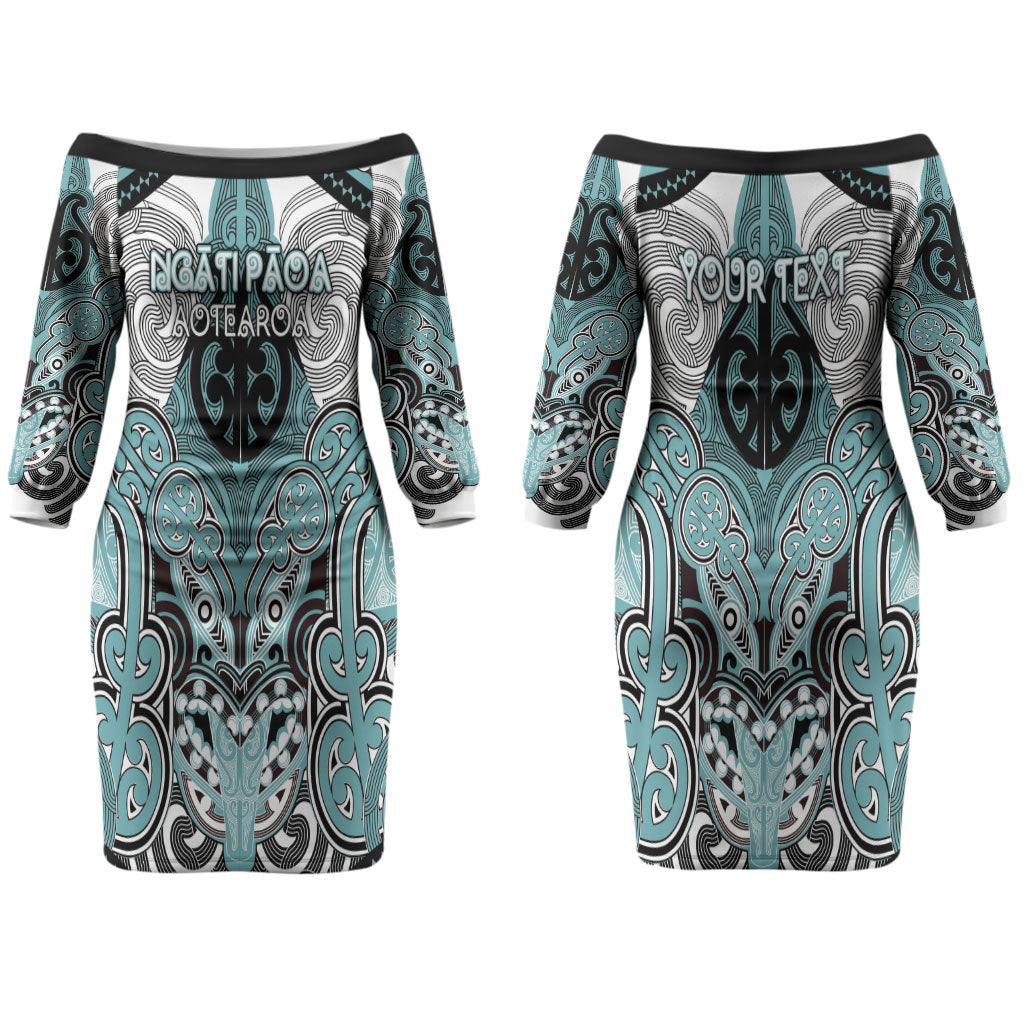 Aotearoa Iwi Ngati Paoa Personalised Couples Matching Off The Shoulder Long Sleeve Dress and Long Sleeve Button Shirt Maori Kowhaiwhai Pattern