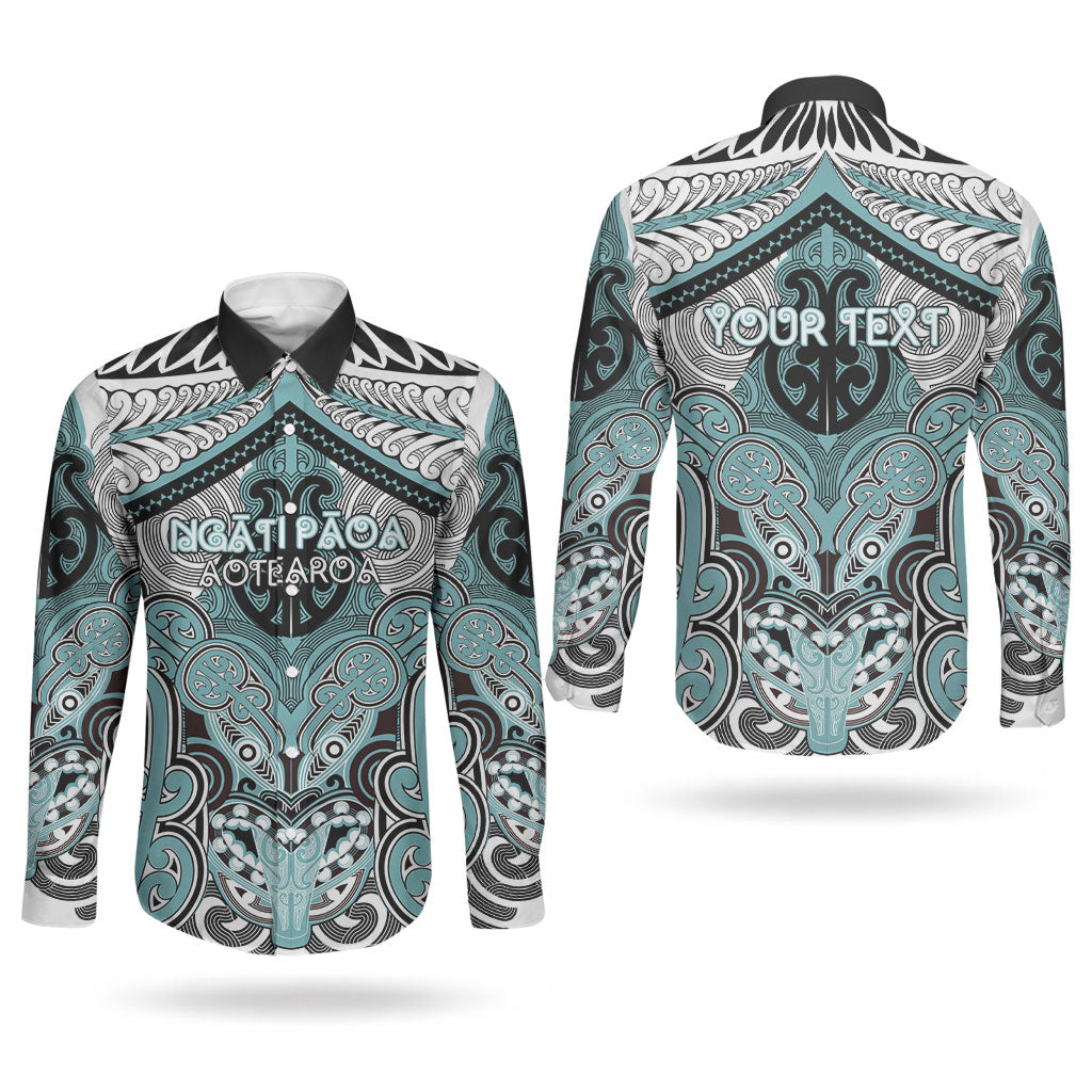 Aotearoa Iwi Ngati Paoa Personalised Couples Matching Puletasi and Long Sleeve Button Shirt Maori Kowhaiwhai Pattern