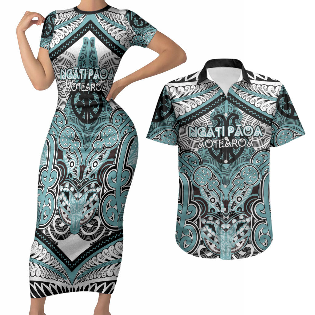 Aotearoa Iwi Ngati Paoa Personalised Couples Matching Short Sleeve Bodycon Dress and Hawaiian Shirt Maori Kowhaiwhai Pattern