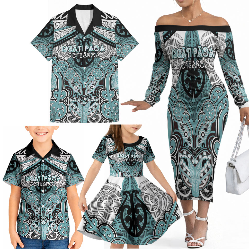Aotearoa Iwi Ngati Paoa Personalised Family Matching Off The Shoulder Long Sleeve Dress and Hawaiian Shirt Maori Kowhaiwhai Pattern