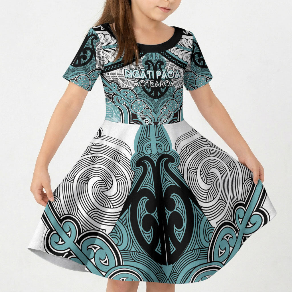 Aotearoa Iwi Ngati Paoa Personalised Kid Short Sleeve Dress Maori Kowhaiwhai Pattern