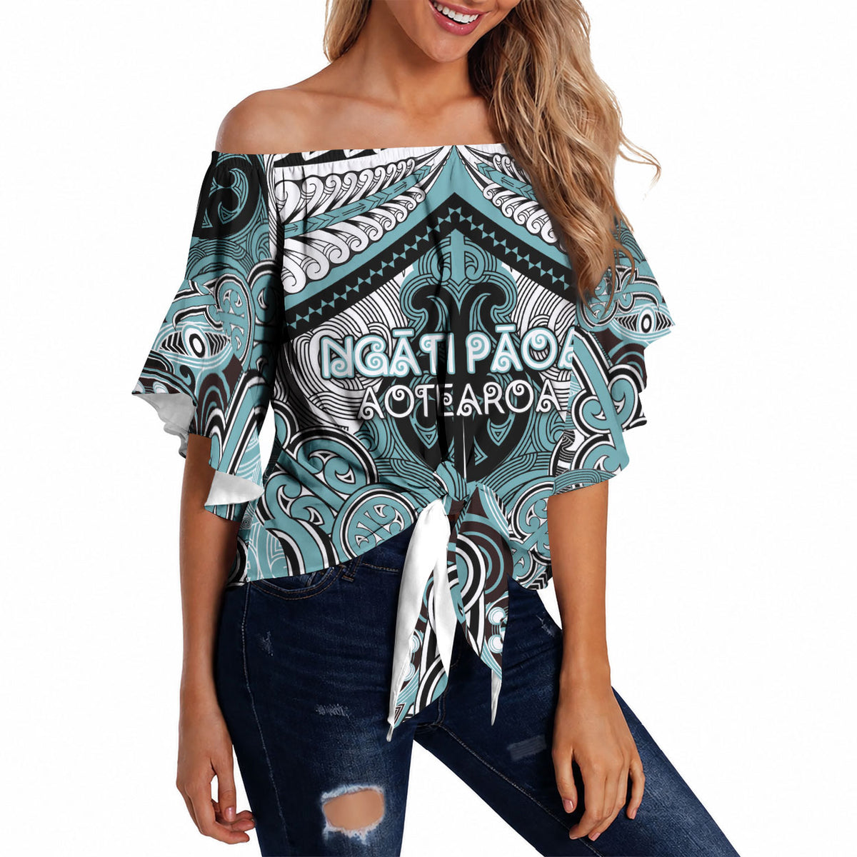 Aotearoa Iwi Ngati Paoa Personalised Off Shoulder Wrap Waist Top Maori Kowhaiwhai Pattern
