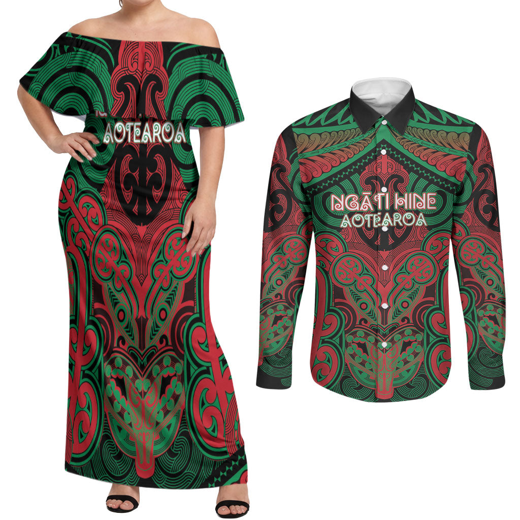 Aotearoa Iwi Ngati Hine Personalised Couples Matching Off Shoulder Maxi Dress and Long Sleeve Button Shirt Maori Kowhaiwhai Pattern