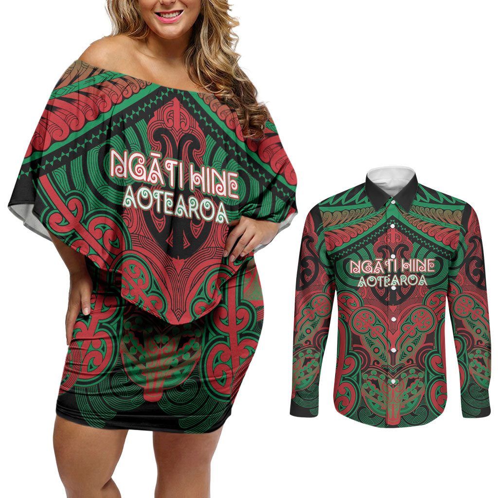 Aotearoa Iwi Ngati Hine Personalised Couples Matching Off Shoulder Short Dress and Long Sleeve Button Shirt Maori Kowhaiwhai Pattern