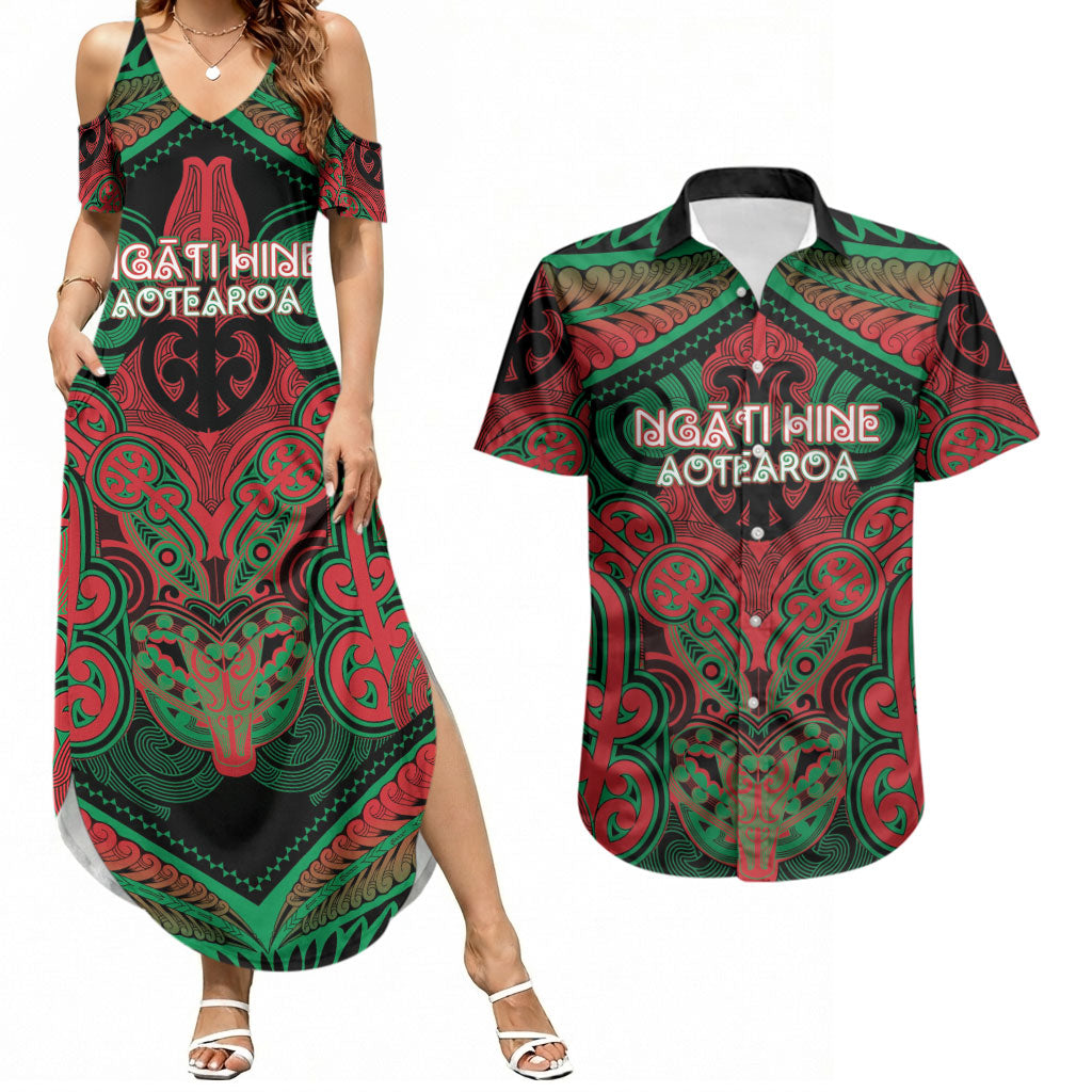 Aotearoa Iwi Ngati Hine Personalised Couples Matching Summer Maxi Dress and Hawaiian Shirt Maori Kowhaiwhai Pattern