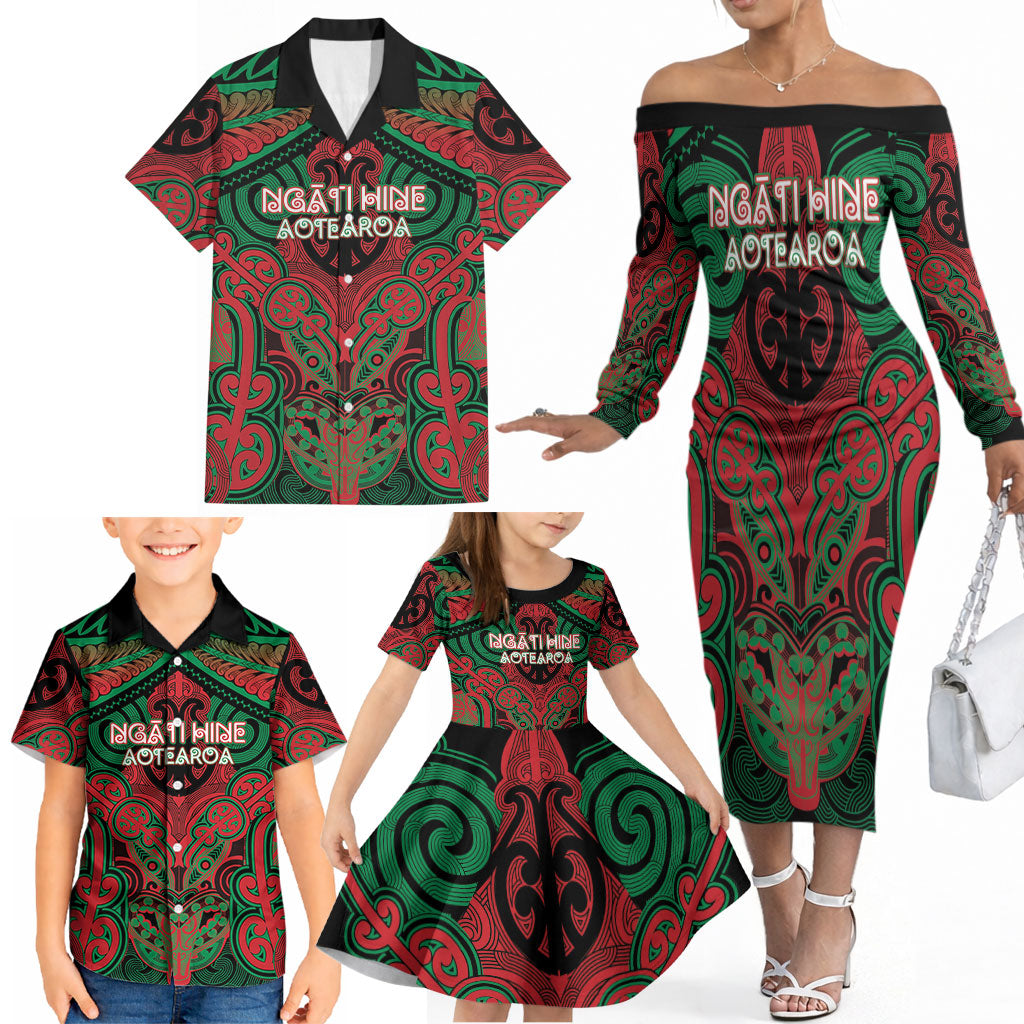 Aotearoa Iwi Ngati Hine Personalised Family Matching Off The Shoulder Long Sleeve Dress and Hawaiian Shirt Maori Kowhaiwhai Pattern