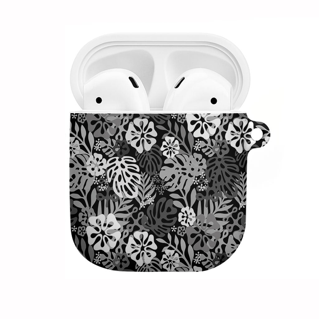 Black Aloha Hawaiian AirPods Case Monstera Hibiscus Tropical Pattern