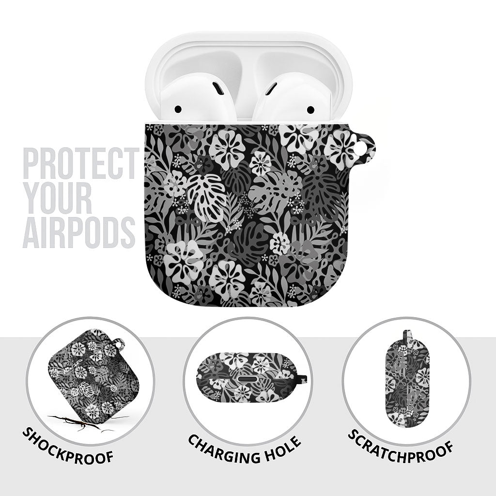 Black Aloha Hawaiian AirPods Case Monstera Hibiscus Tropical Pattern