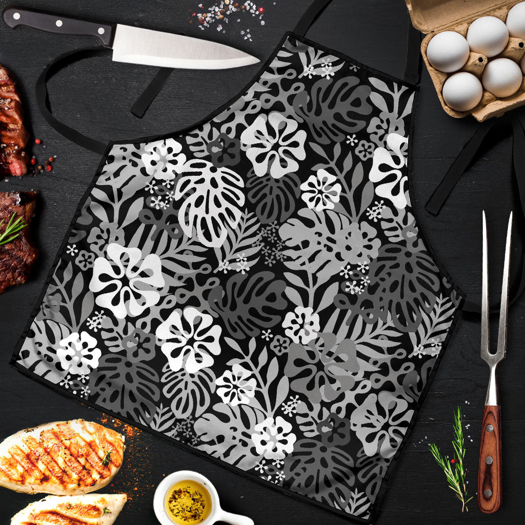 Black Aloha Hawaiian Apron Monstera Hibiscus Tropical Pattern