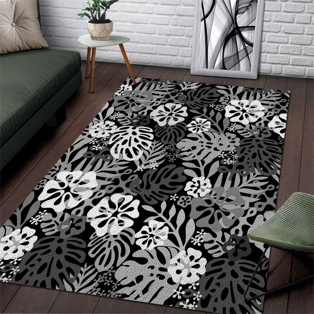 Black Aloha Hawaiian Area Rug Monstera Hibiscus Tropical Pattern