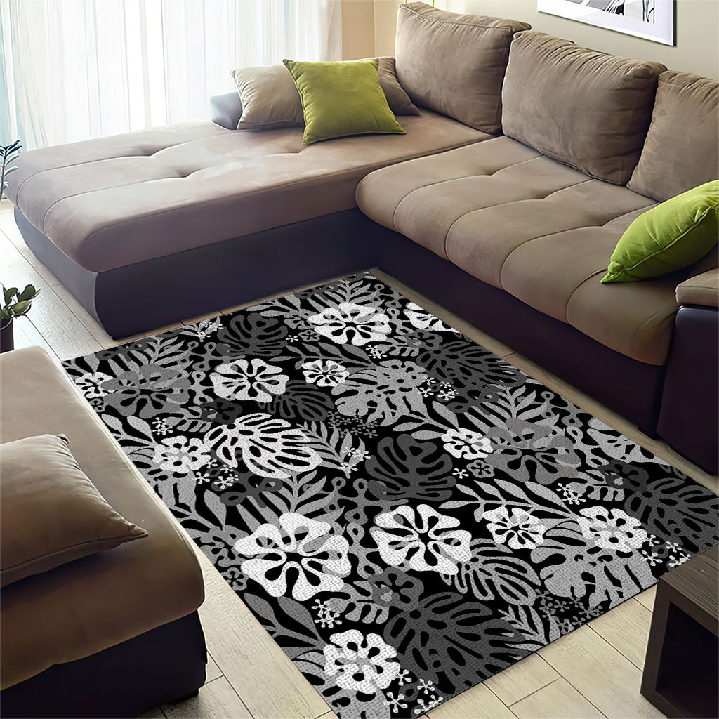 Black Aloha Hawaiian Area Rug Monstera Hibiscus Tropical Pattern