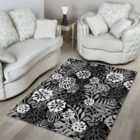 Black Aloha Hawaiian Area Rug Monstera Hibiscus Tropical Pattern