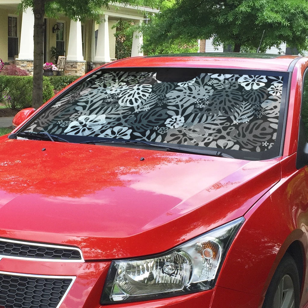 Black Aloha Hawaiian Auto Sun Shade Monstera Hibiscus Tropical Pattern