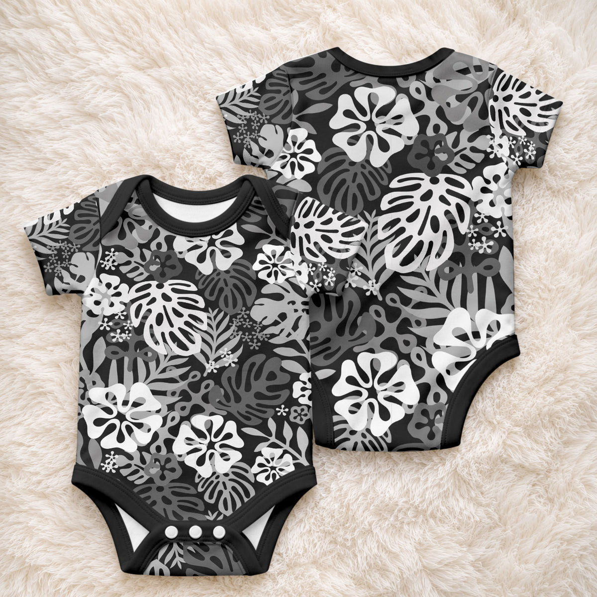 Black Aloha Hawaiian Baby Onesie Monstera Hibiscus Tropical Pattern
