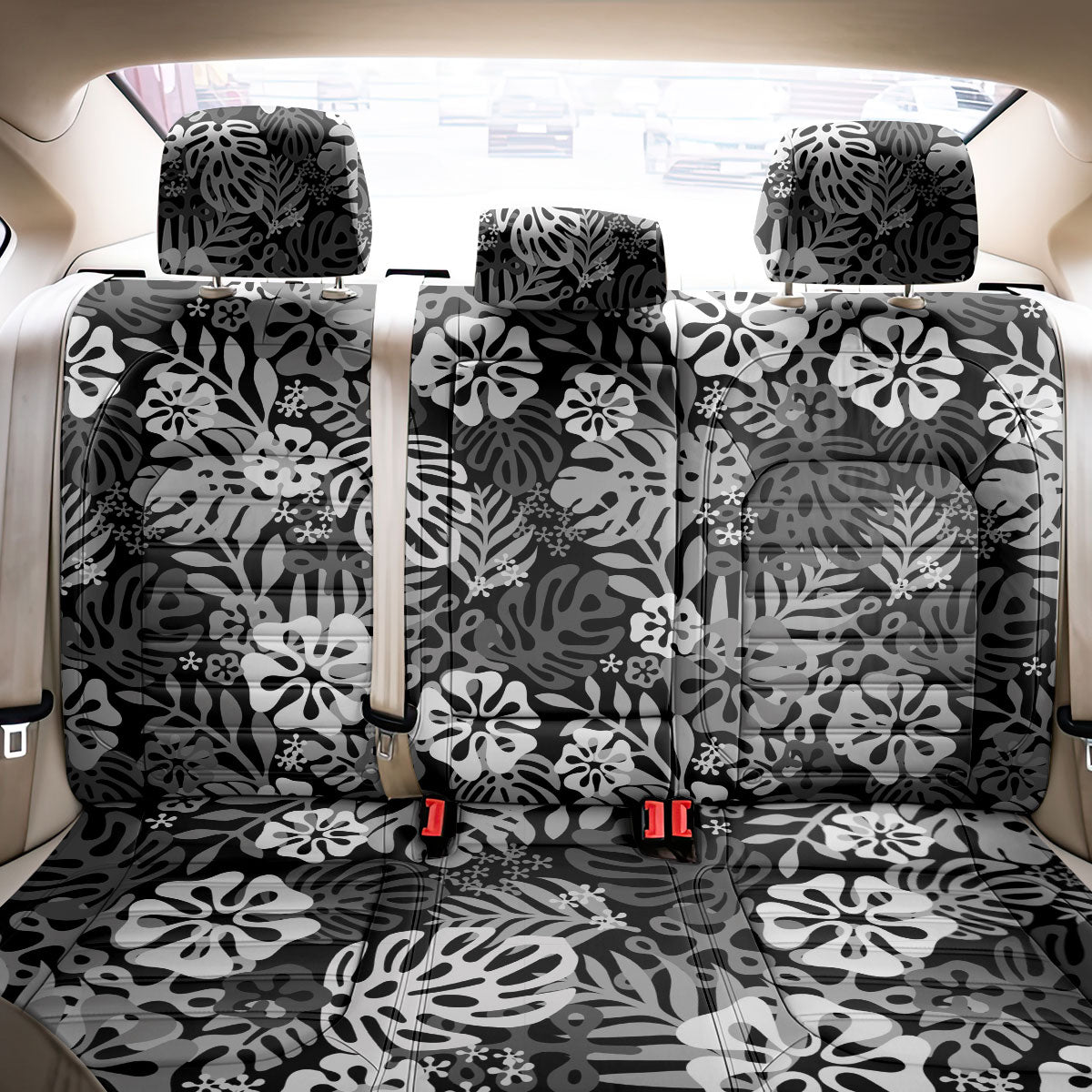 Black Aloha Hawaiian Back Car Seat Cover Monstera Hibiscus Tropical Pattern