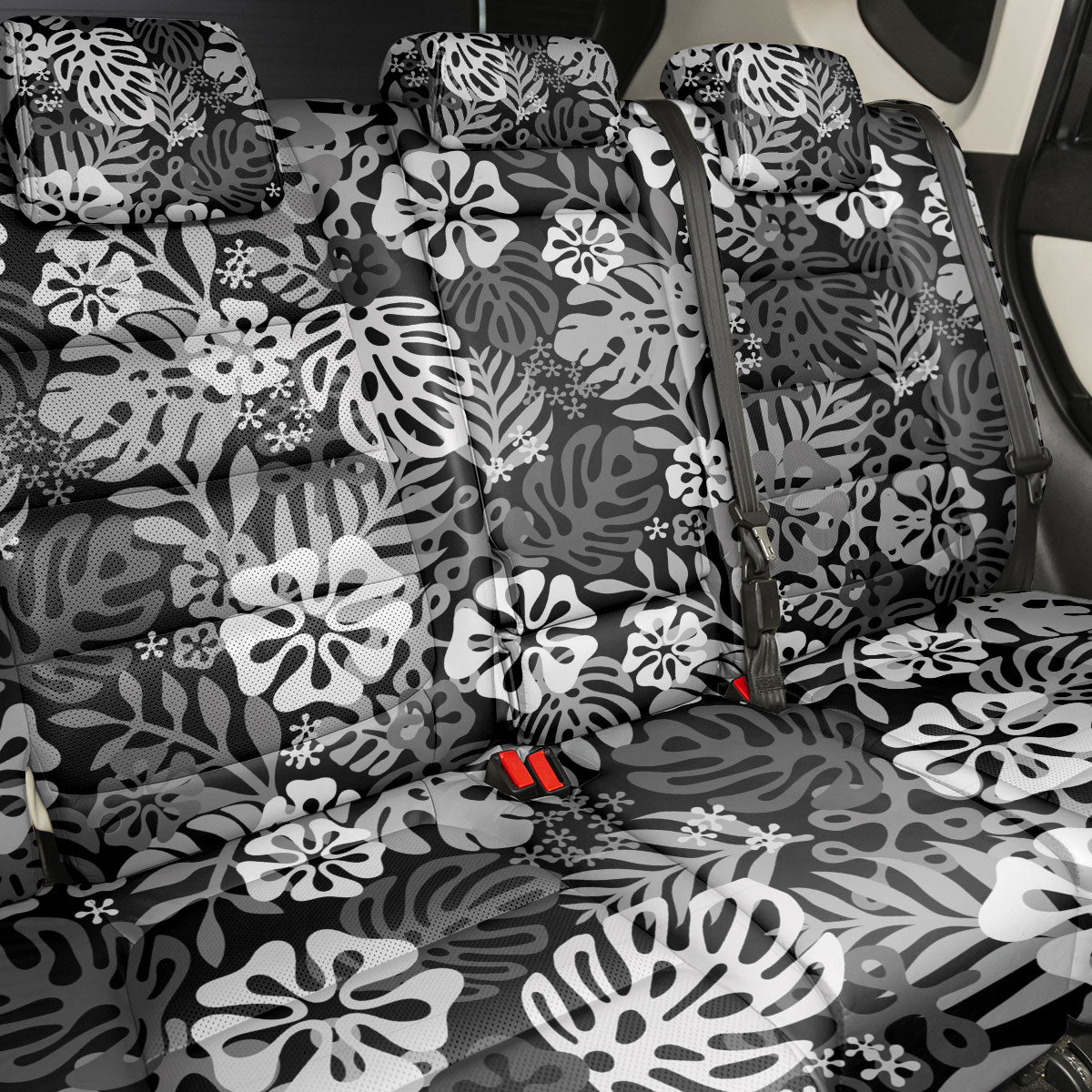 Black Aloha Hawaiian Back Car Seat Cover Monstera Hibiscus Tropical Pattern