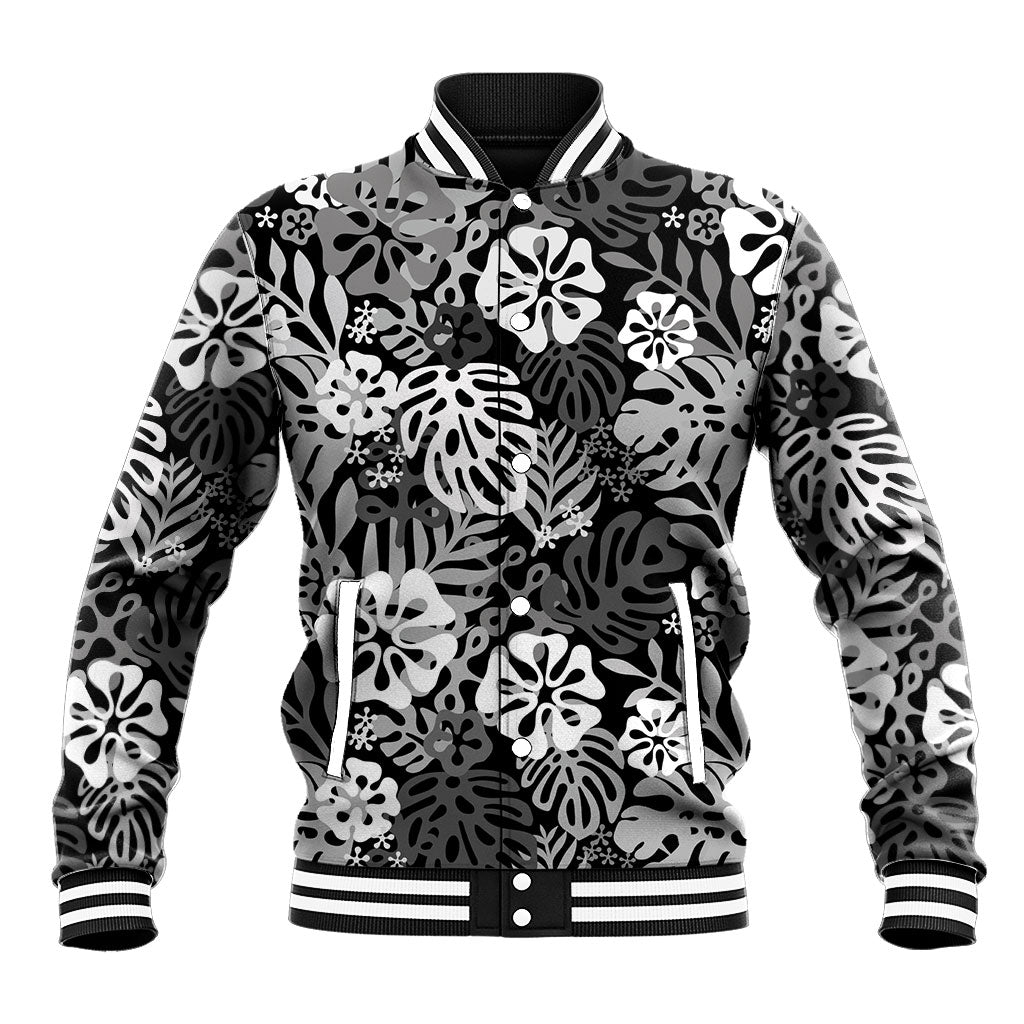Black Aloha Hawaiian Baseball Jacket Monstera Hibiscus Tropical Pattern