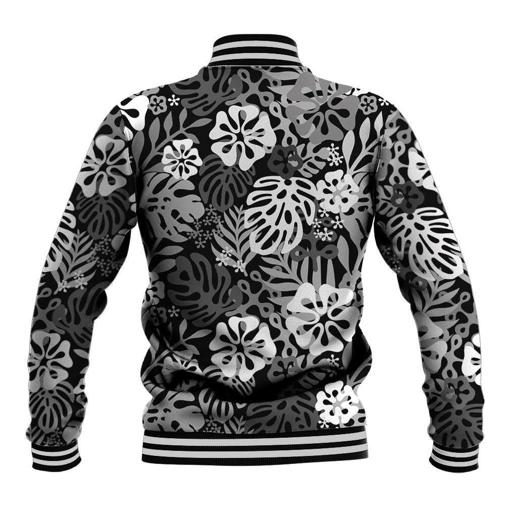 Black Aloha Hawaiian Baseball Jacket Monstera Hibiscus Tropical Pattern