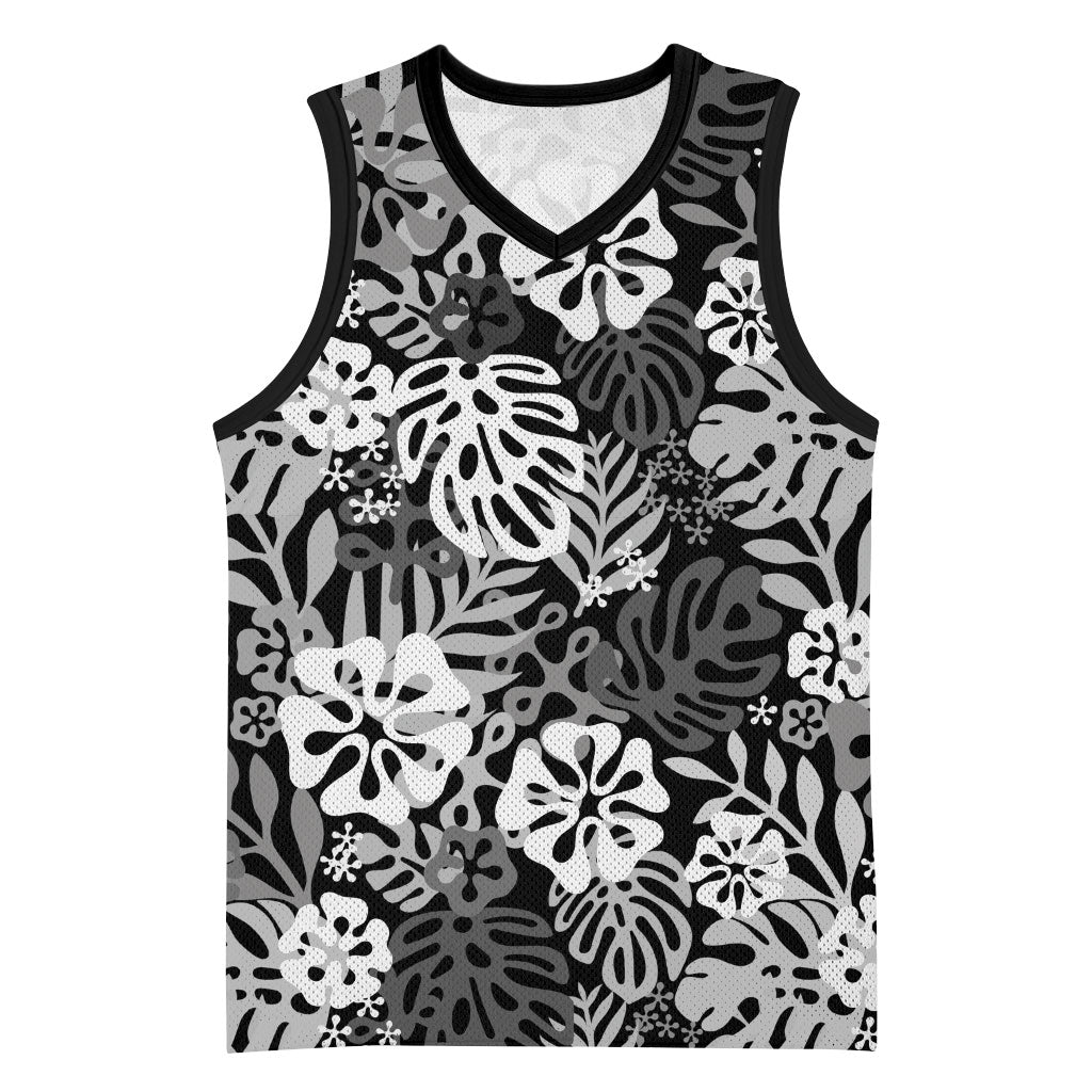 Black Aloha Hawaiian Basketball Jersey Monstera Hibiscus Tropical Pattern