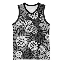 Black Aloha Hawaiian Basketball Jersey Monstera Hibiscus Tropical Pattern