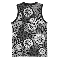 Black Aloha Hawaiian Basketball Jersey Monstera Hibiscus Tropical Pattern