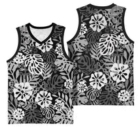 Black Aloha Hawaiian Basketball Jersey Monstera Hibiscus Tropical Pattern