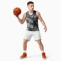 Black Aloha Hawaiian Basketball Jersey Monstera Hibiscus Tropical Pattern