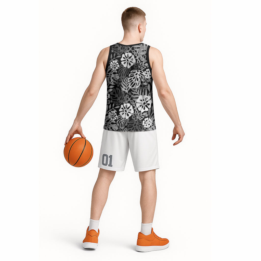 Black Aloha Hawaiian Basketball Jersey Monstera Hibiscus Tropical Pattern