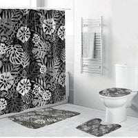Black Aloha Hawaiian Bathroom Set Monstera Hibiscus Tropical Pattern