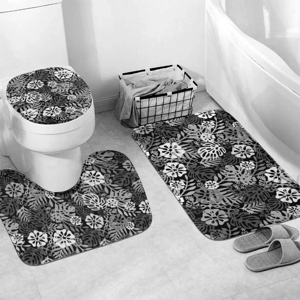 Black Aloha Hawaiian Bathroom Set Monstera Hibiscus Tropical Pattern