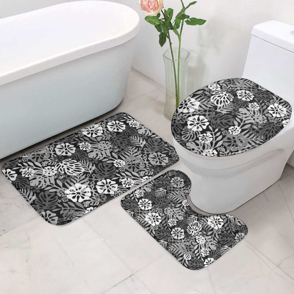 Black Aloha Hawaiian Bathroom Set Monstera Hibiscus Tropical Pattern