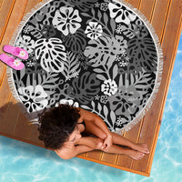 Black Aloha Hawaiian Beach Blanket Monstera Hibiscus Tropical Pattern