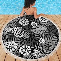 Black Aloha Hawaiian Beach Blanket Monstera Hibiscus Tropical Pattern