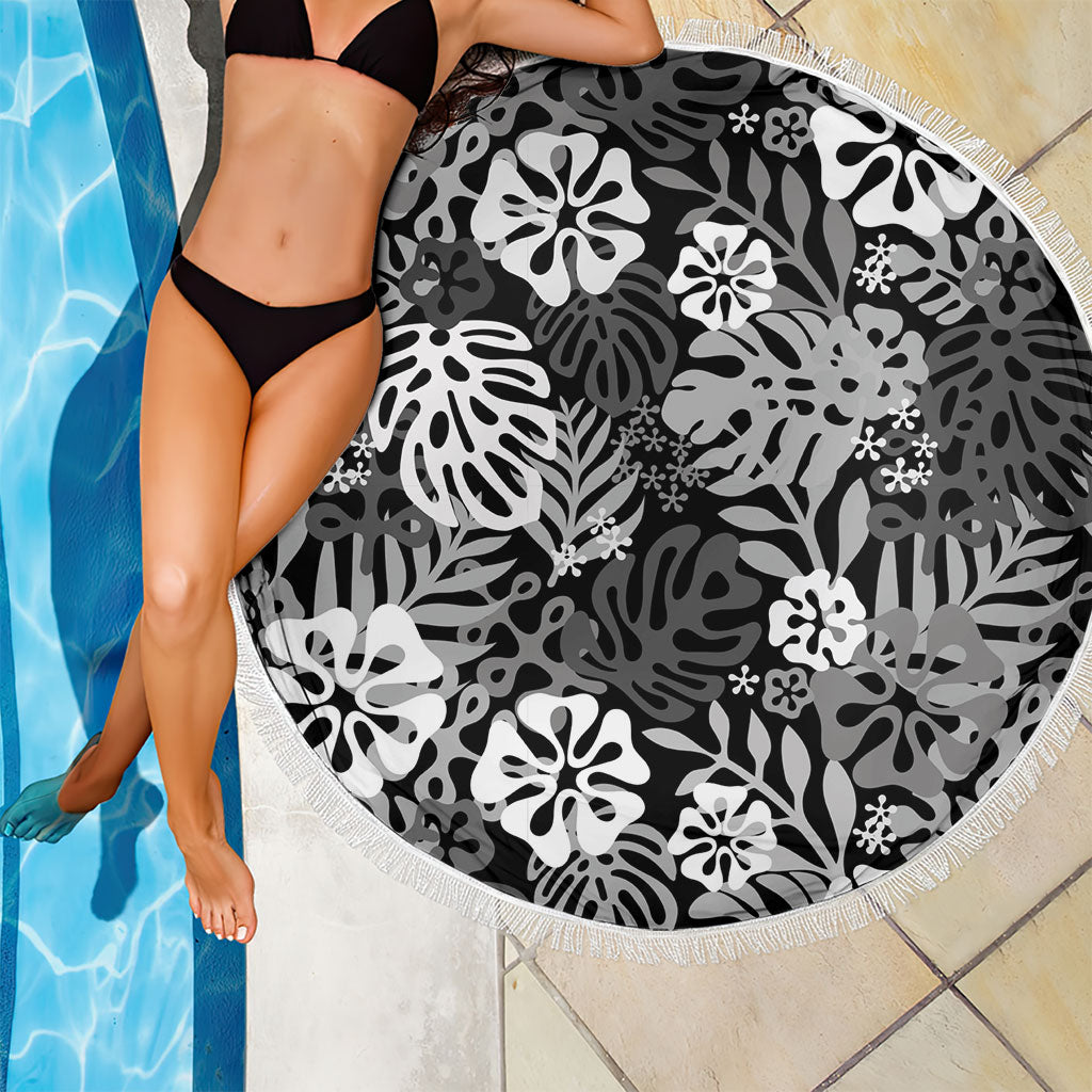 Black Aloha Hawaiian Beach Blanket Monstera Hibiscus Tropical Pattern