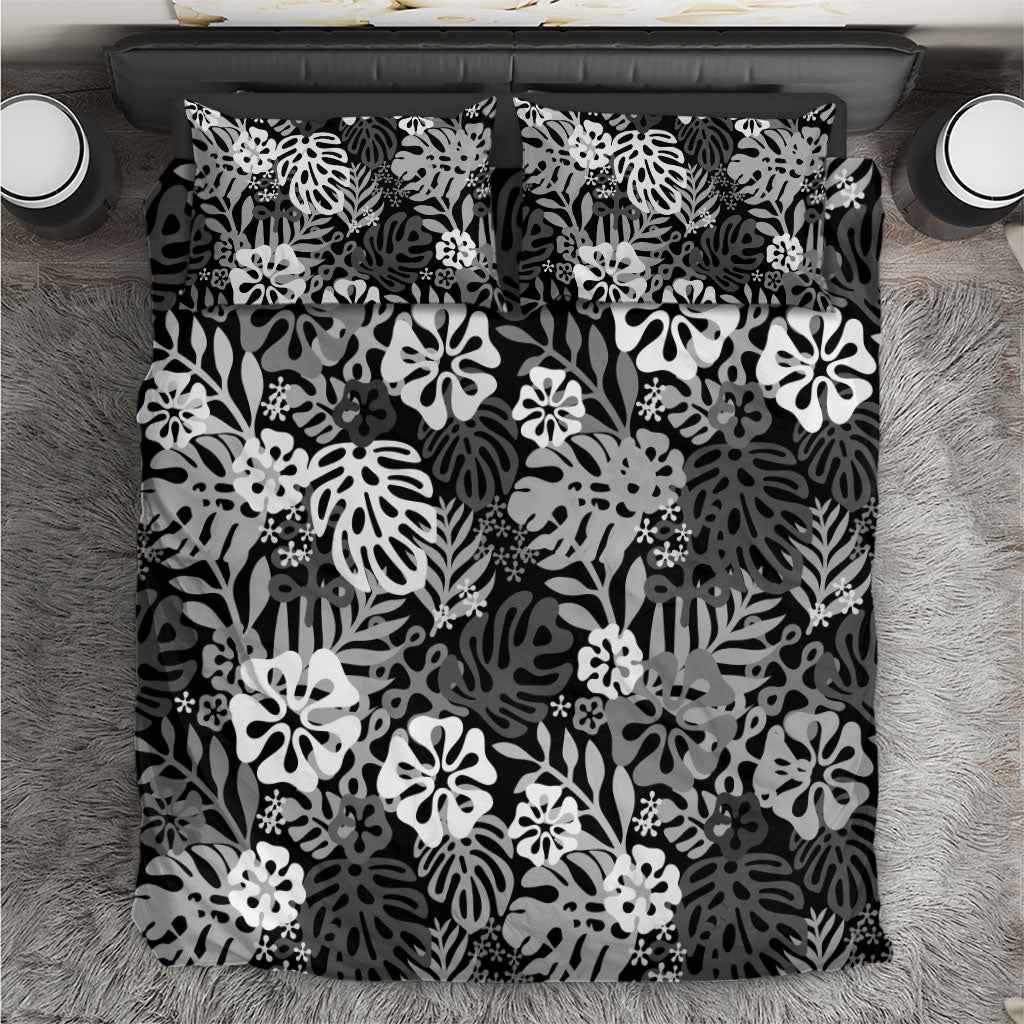 Black Aloha Hawaiian Bedding Set Monstera Hibiscus Tropical Pattern