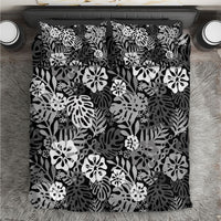Black Aloha Hawaiian Bedding Set Monstera Hibiscus Tropical Pattern