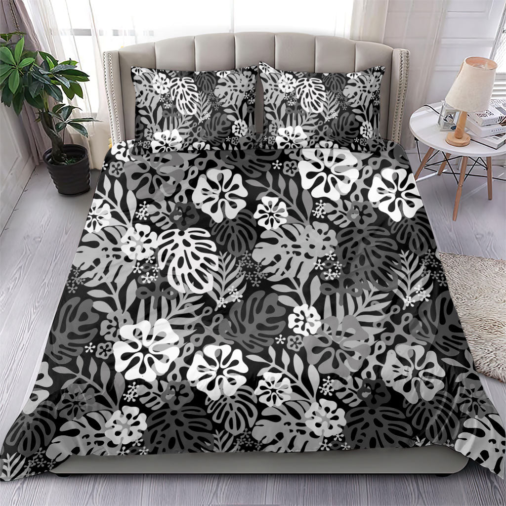 Black Aloha Hawaiian Bedding Set Monstera Hibiscus Tropical Pattern