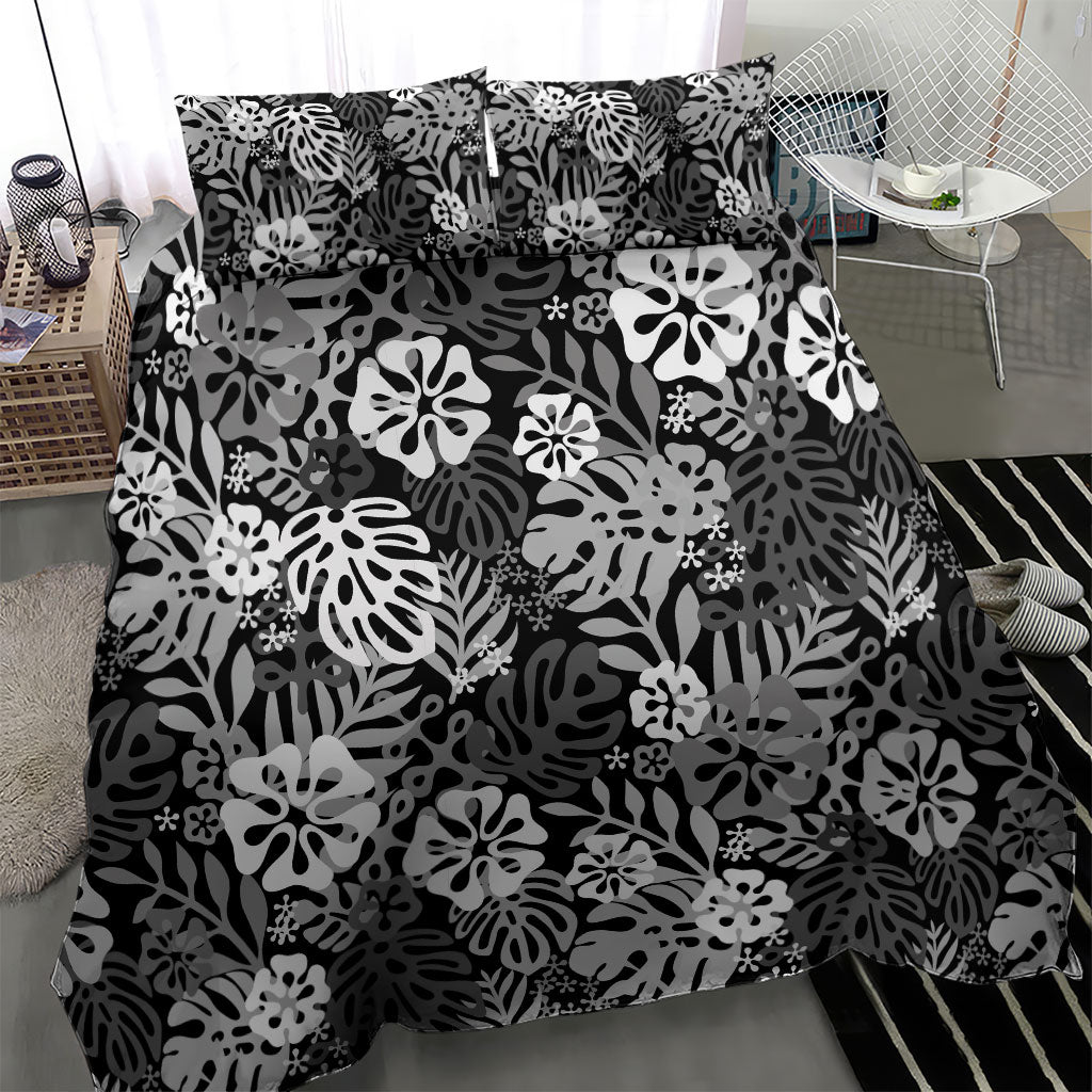 Black Aloha Hawaiian Bedding Set Monstera Hibiscus Tropical Pattern