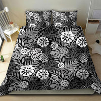 Black Aloha Hawaiian Bedding Set Monstera Hibiscus Tropical Pattern