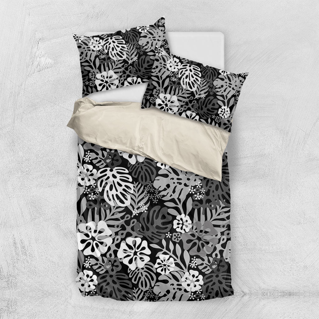 Black Aloha Hawaiian Bedding Set Monstera Hibiscus Tropical Pattern