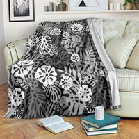 Black Aloha Hawaiian Blanket Monstera Hibiscus Tropical Pattern