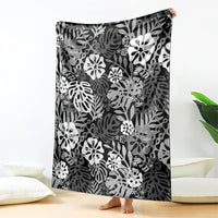 Black Aloha Hawaiian Blanket Monstera Hibiscus Tropical Pattern