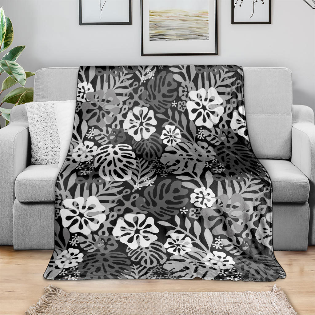 Black Aloha Hawaiian Blanket Monstera Hibiscus Tropical Pattern