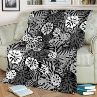 Black Aloha Hawaiian Blanket Monstera Hibiscus Tropical Pattern