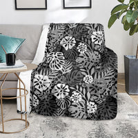 Black Aloha Hawaiian Blanket Monstera Hibiscus Tropical Pattern