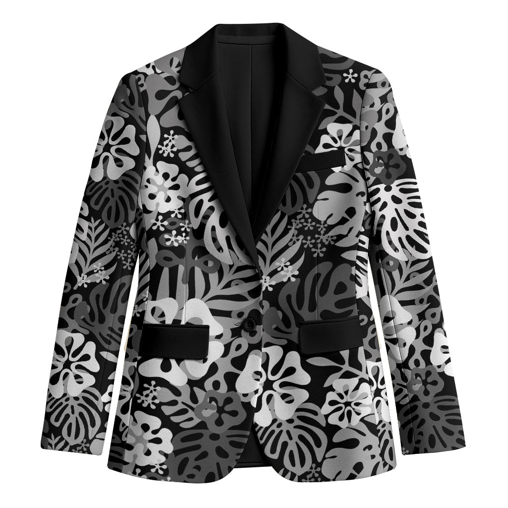 Black Aloha Hawaiian Blazer Monstera Hibiscus Tropical Pattern